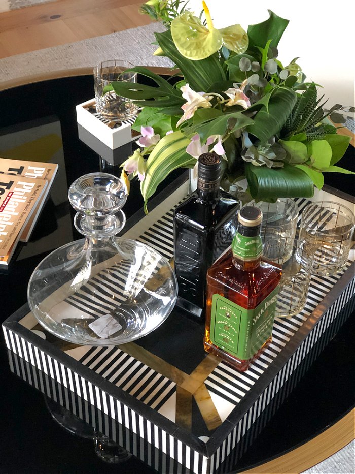 Bar tray on coffee table - interior design inspiration