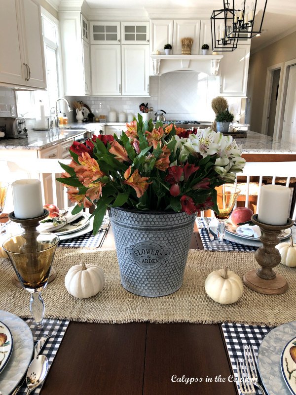 Grocery store flowers in galvanized bucket - simple centerpiece ideas for Thanksgiving