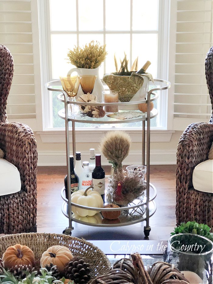 Round bar cart decorated with Thanksgiving accessories