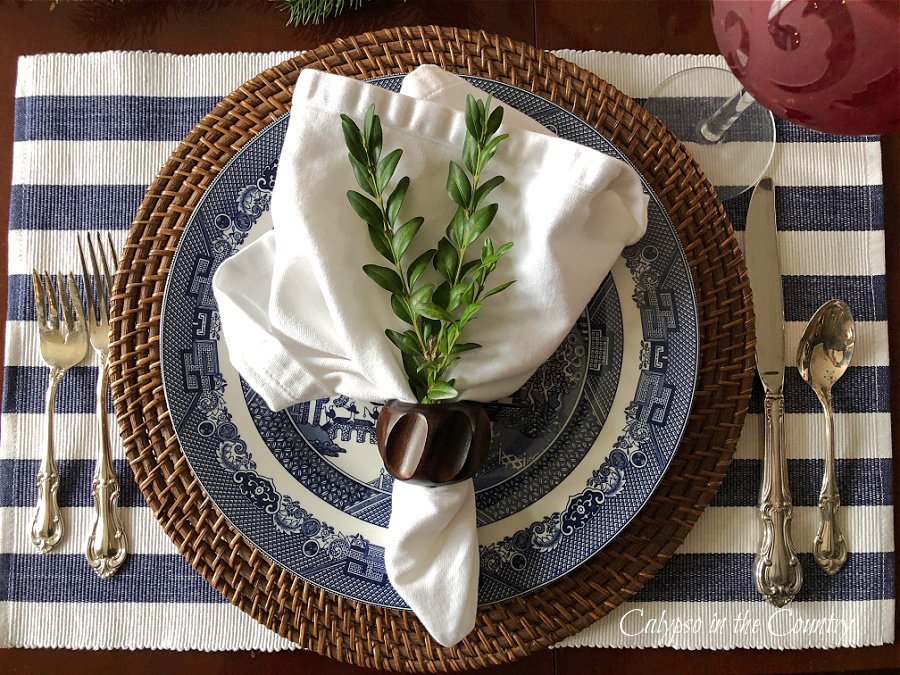 blue and white Christmas place setting