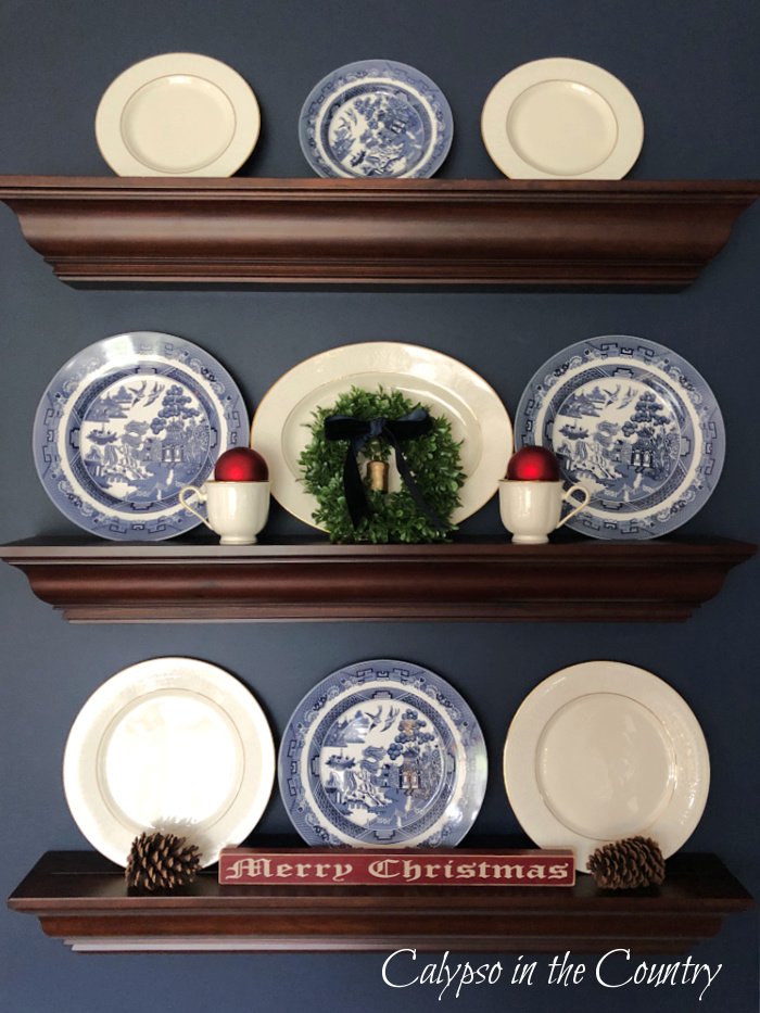 Blue willow dishes on shelves - classic and cozy Christmas house tour