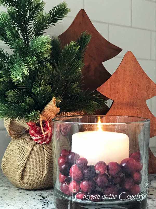 Cranberries and candle in glass hurricane with mini trees