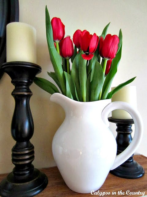 red tulips in white pitcher - decorating ideas