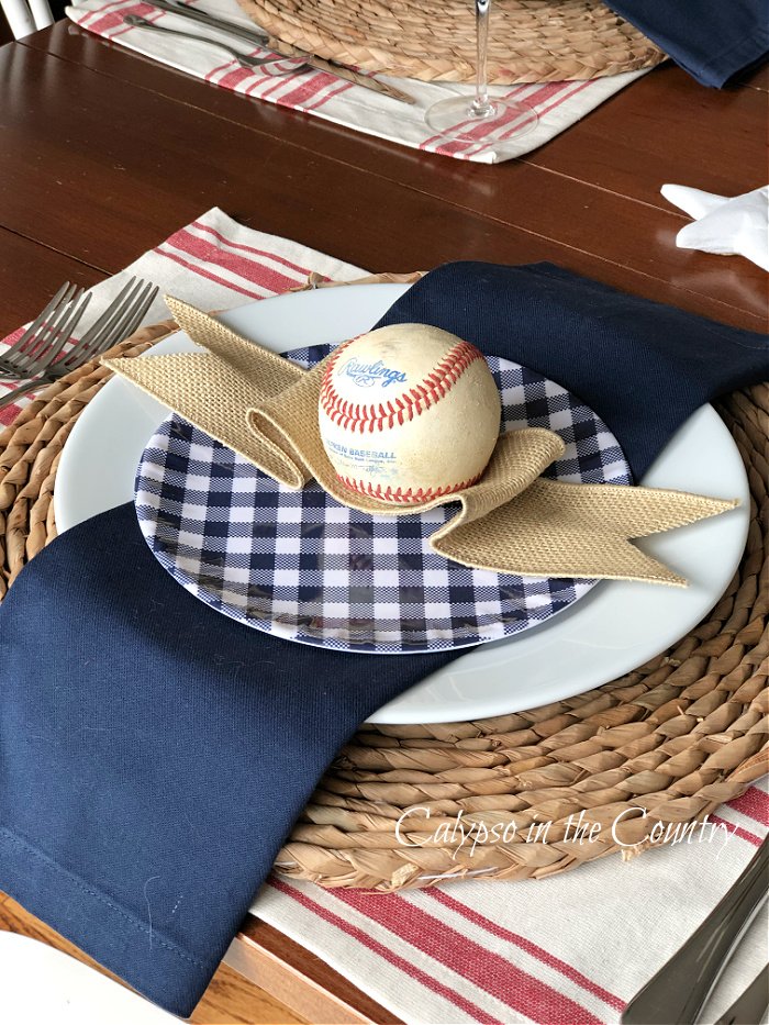 DIY Patriotic Baseball Themed Table Setting with Red White and Blue