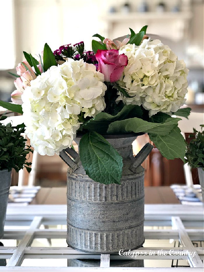 Hydrangeas in galvanized milk jug container - Hello May ideas for the home