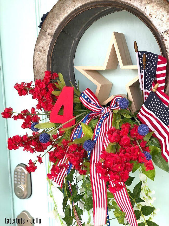 Patriotic wreath with flowers and flags - Creative Patriotic Projects from Tatertots and Jello blog