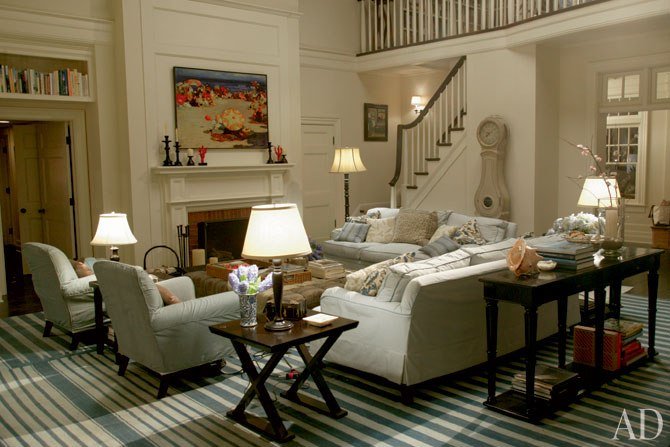 Coastal living room with blue and white striped rug from Something's Gotta Give