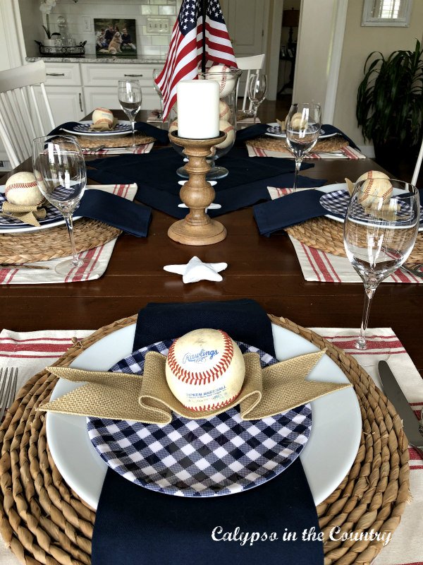 red, white and blue baseball themed table - 4th of July table setting ideas