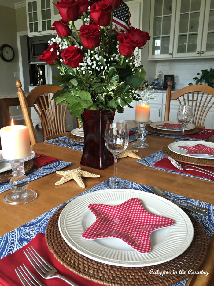 red, white and blue table setting for the 4th of July