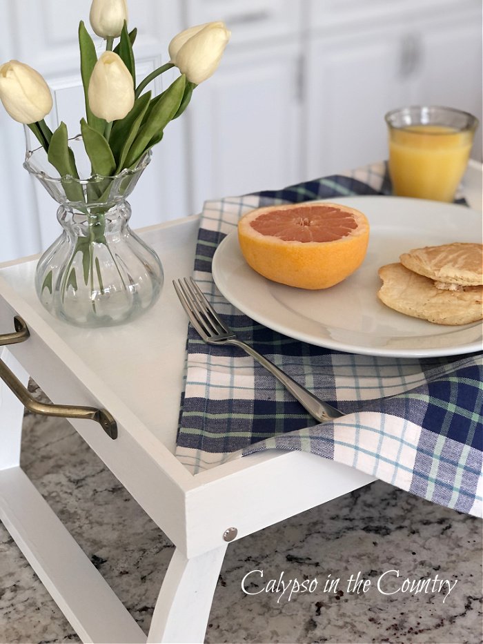Breakfast and flowers on white bed tray - easy makeover