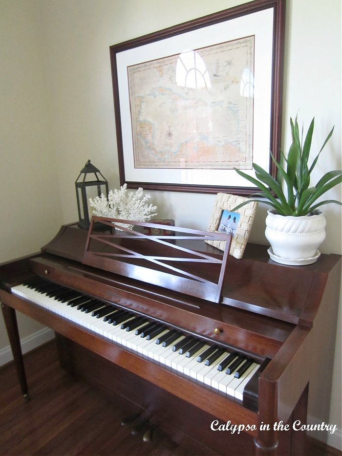 Brown piano with tropical decorations on top