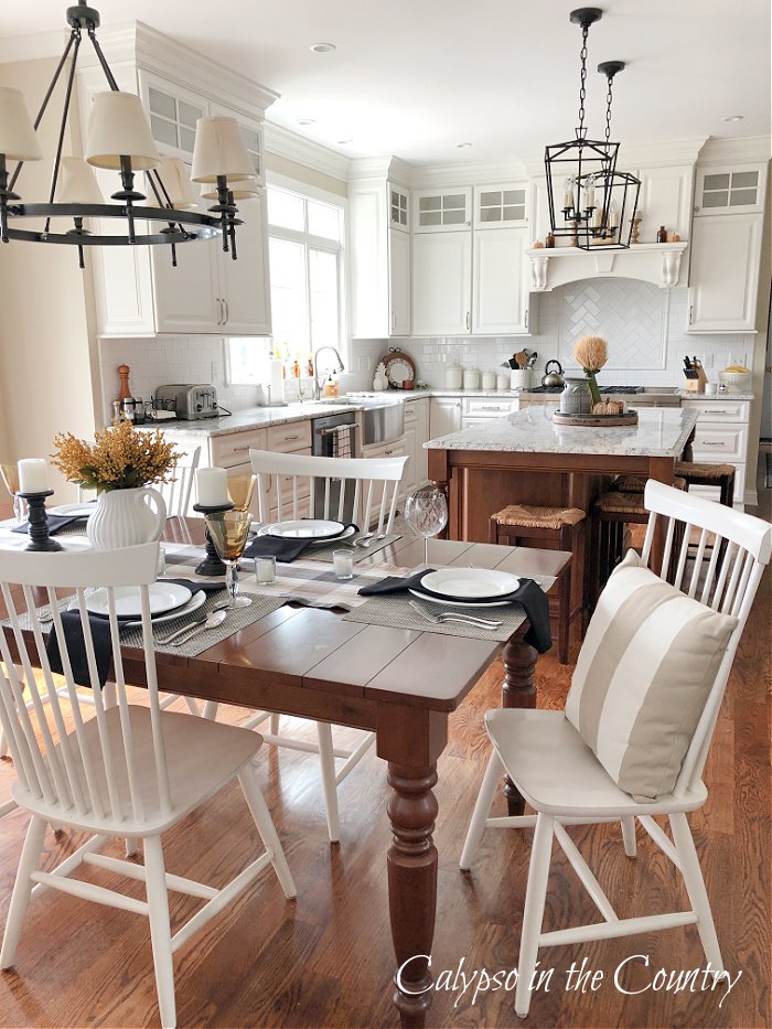 white kitchen with wood table - its almost fall decorating ideas
