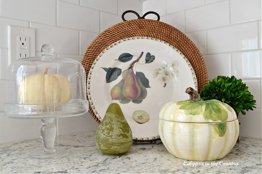 Pear and Pumpkin Vignette on Counter - kitchen fall decor ideas