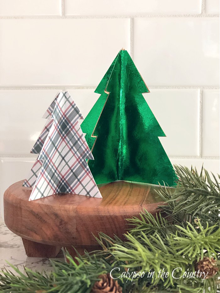 mini card stock trees on wood stand - DIY paper Christmas decorations