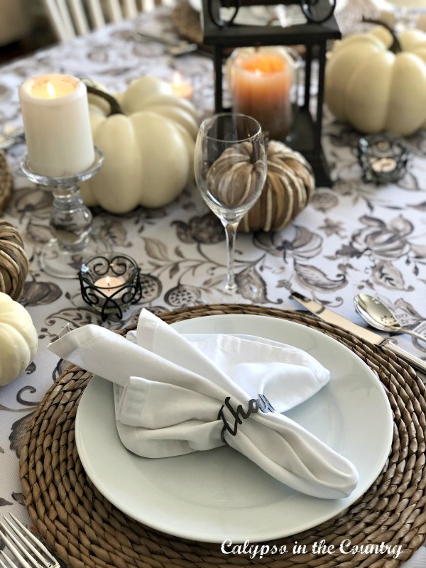 Thankful place setting on neutral table - November home decor ideas