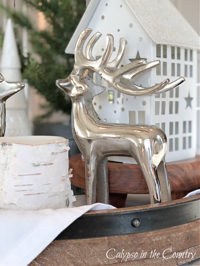 silver reindeer and white metal house - kitchen island tray decor - winter theme