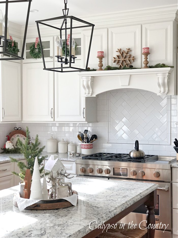 White kitchen decorated for 2022 Christmas Home tour