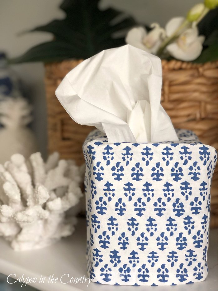 Blue and white block print tissue box - block print home decor 