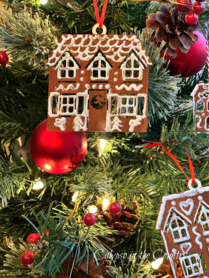 DIY gingerbread house ornaments on Christmas tree
