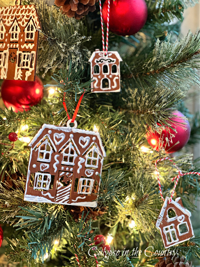 DIY gingerbread house ornaments on Christmas tree