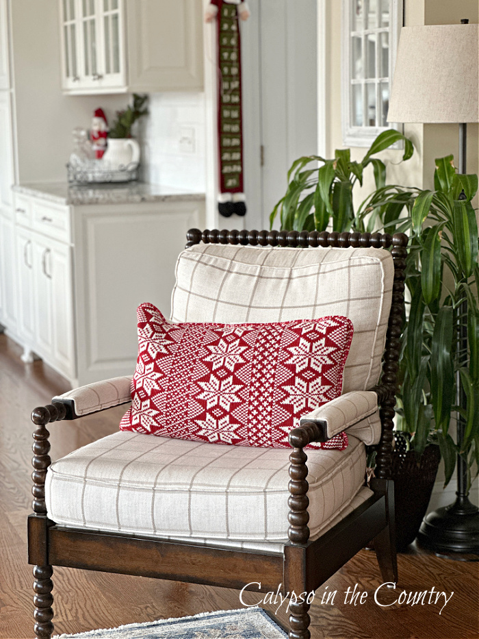 Spindle chair with red fair isle pillow - cozy Christmas home tour 