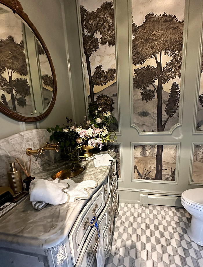 French country vanity with mirror and wall murals in powder room - traditional bathroom ideas from a designer showhouse