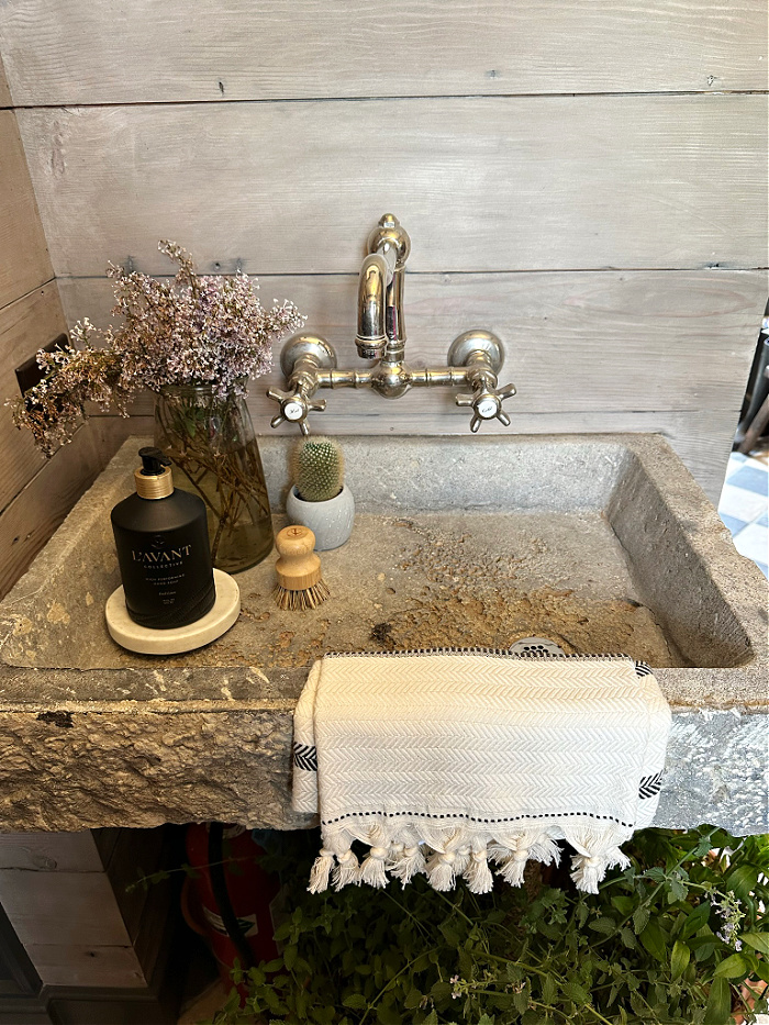 Gray shiplap walls and antique limestone sink with plants. 