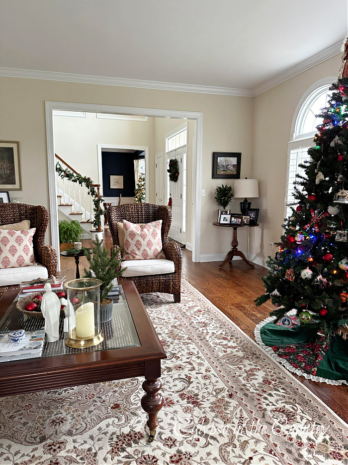 Living room with oriental rug, seagrass chairs, wood and glass coffee table and Christmas tree. Goodbye December hello January.