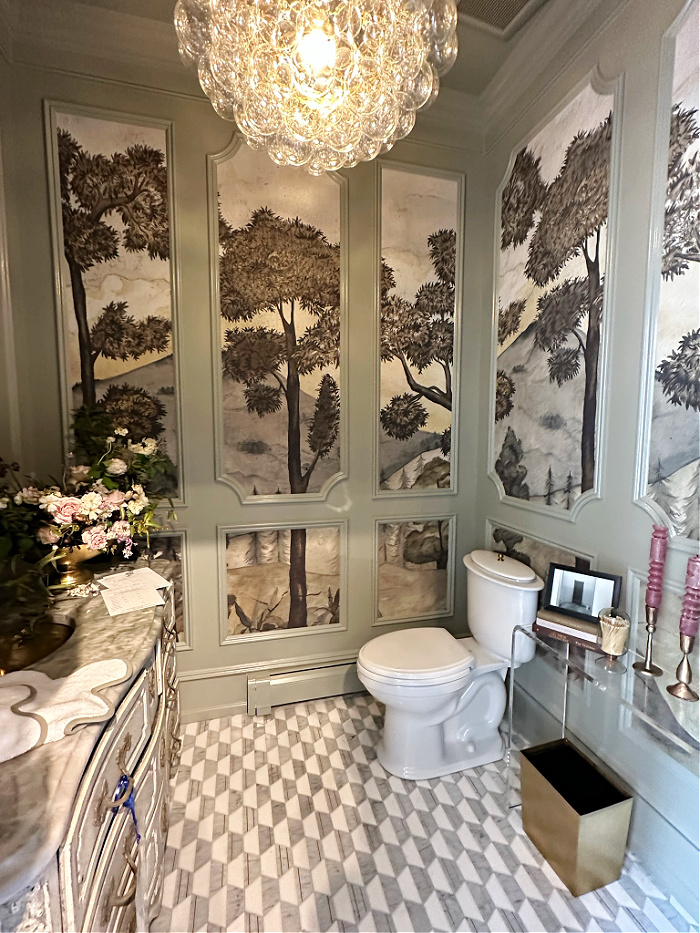 Formal powder room with murals and geometric floor tiles - traditional bathroom ideas from a designer showhouse
