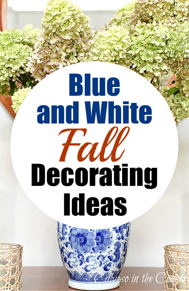 Blue and white porcelain vase filled with green hydrangeas