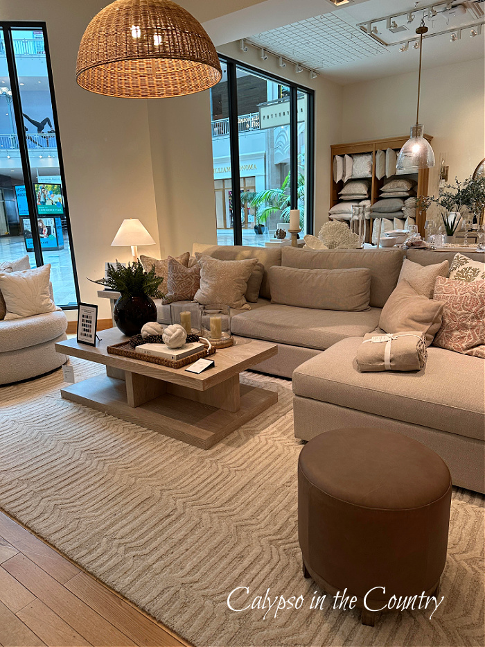 store display with neutral furniture and rug with hanging woven pendant - middle of july ideas