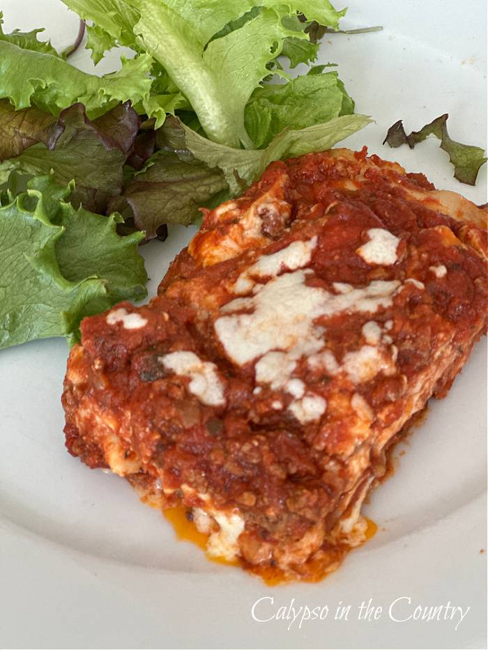 piece of lasagna and salad on plate - July recap