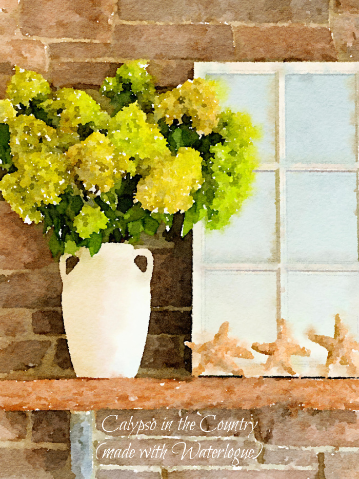 watercolor of white vase of hydrangeas on fireplace mantel