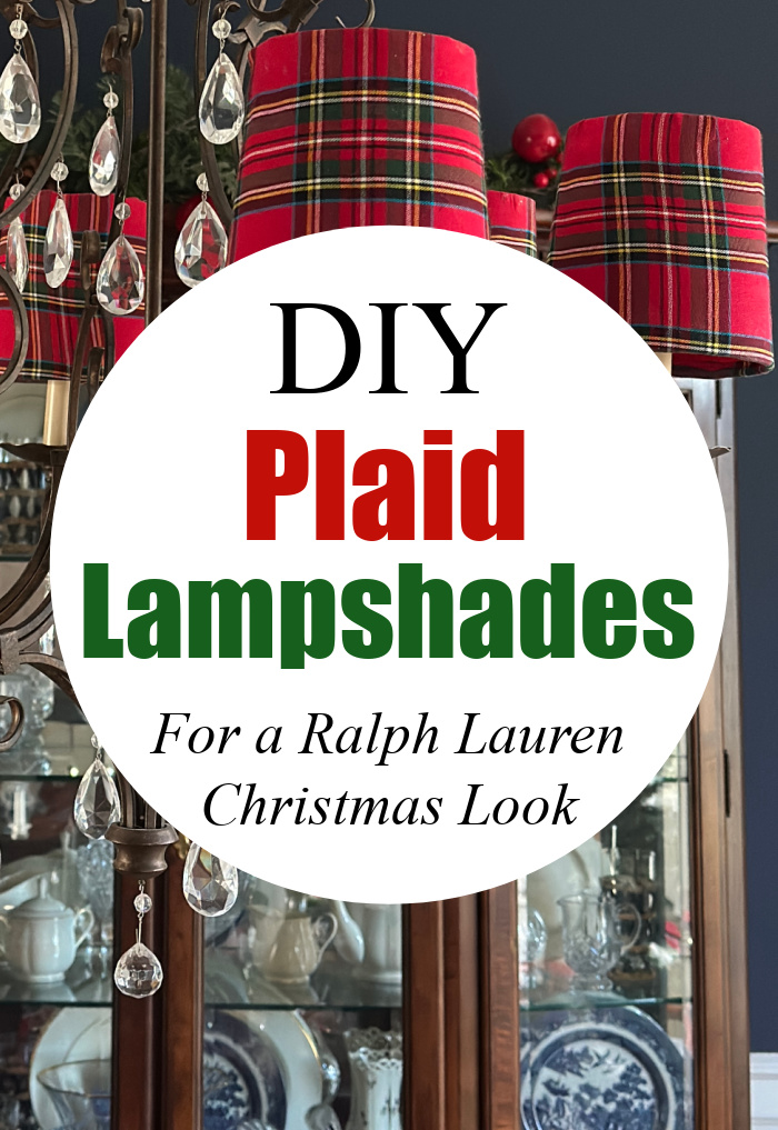 Red chandelier shades in front of china cabinet - DIY Plaid Lampshades for a Ralph Lauren Christmas Look
