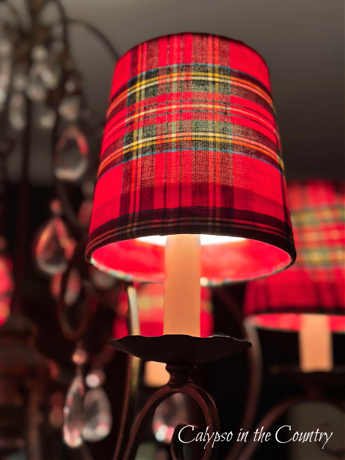 Red DIY Plaid lampshades on chandelier