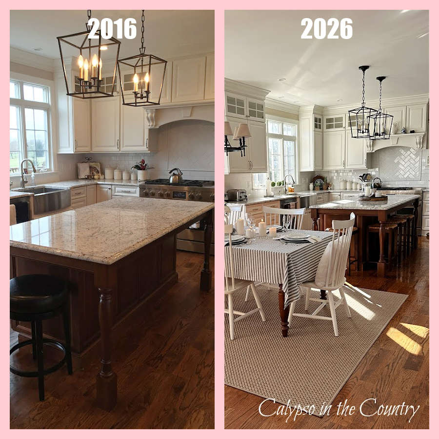 Side by side pictures of white kitchen with wood stained island - January wrap up