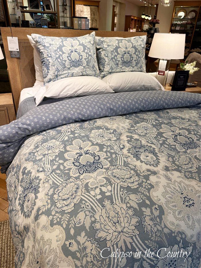 blue and white floral bedding store display - january wrap up