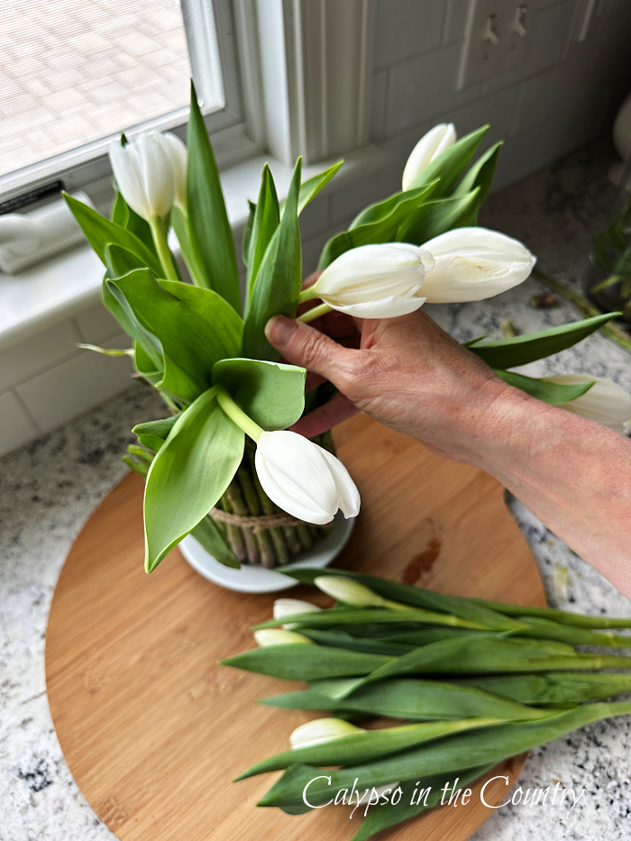 Hand adding white tulips to asparagus vase