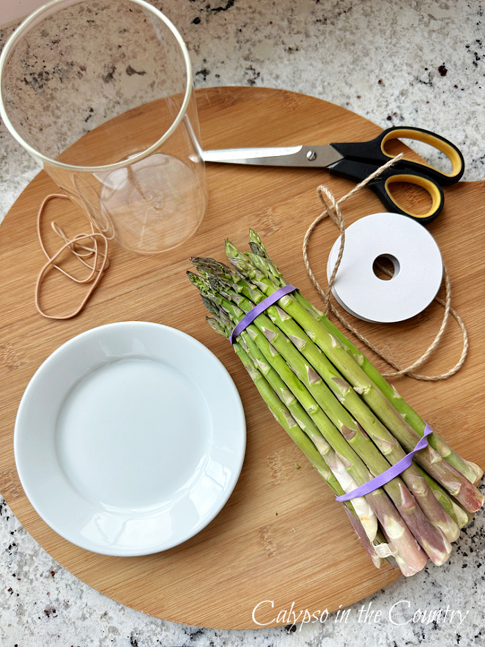 round cutting board holding bundle of asparagus, glass vase, white plate, scissors and twine - Asparagus vase tutorial