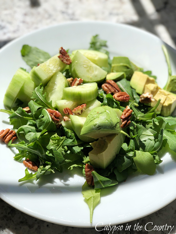 Avocado and arugula salad on white plate - March wrap up