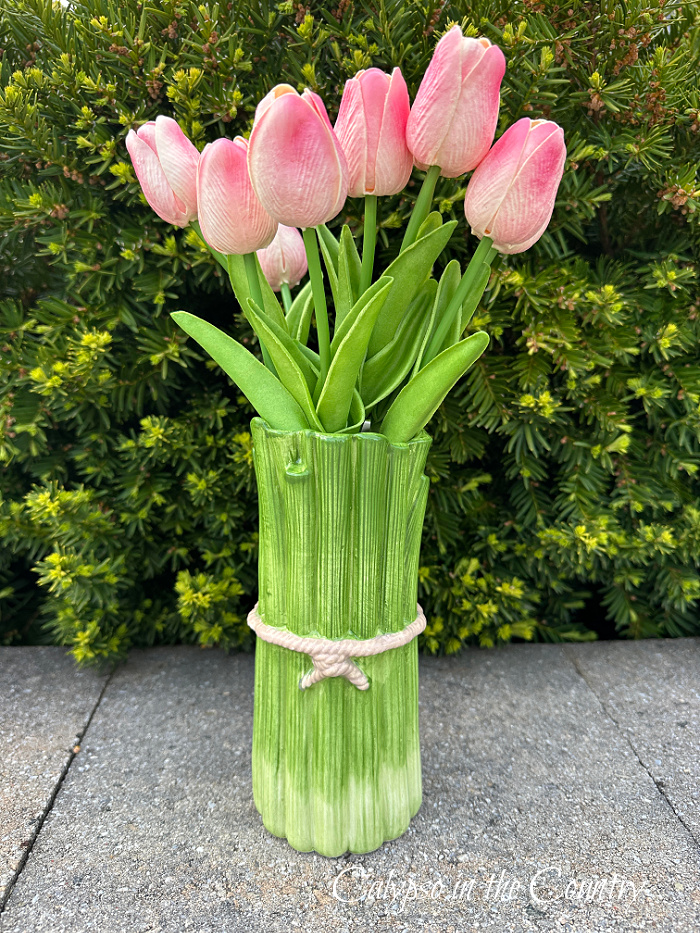 Ceramic celery vase with pink faux tulips - garden inspired home decor