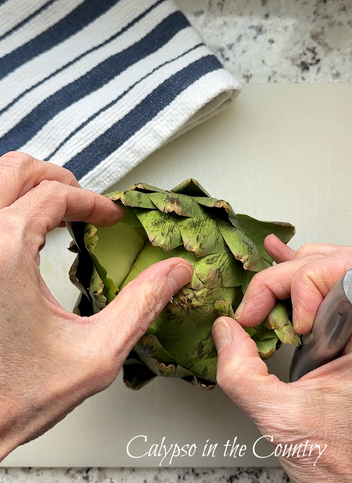 hands peeling back the leaves of an artichoke to make a candle holder