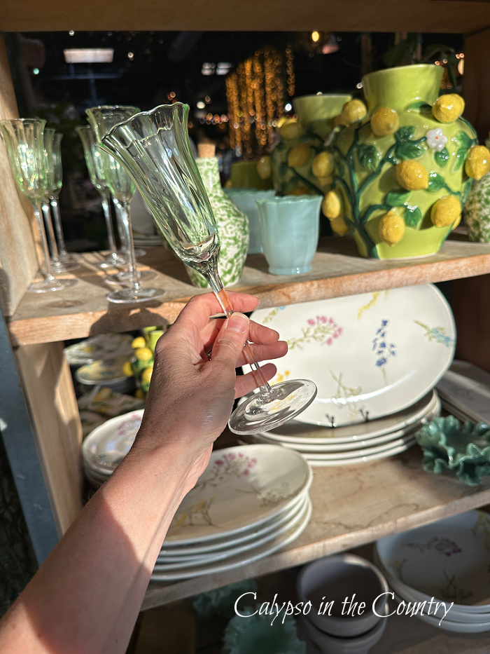 Flower wine glasses and shelves in store - garden inspired home decor