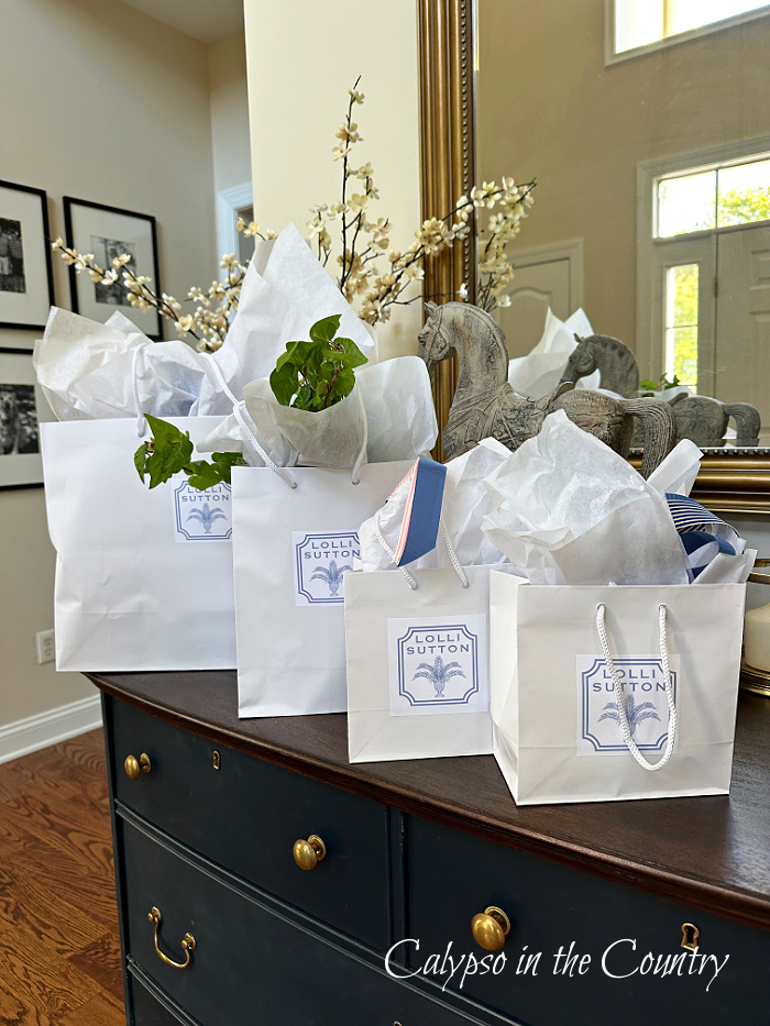White Lolli Sutton shopping bags on blue dresser in foyer - April Wrap Up