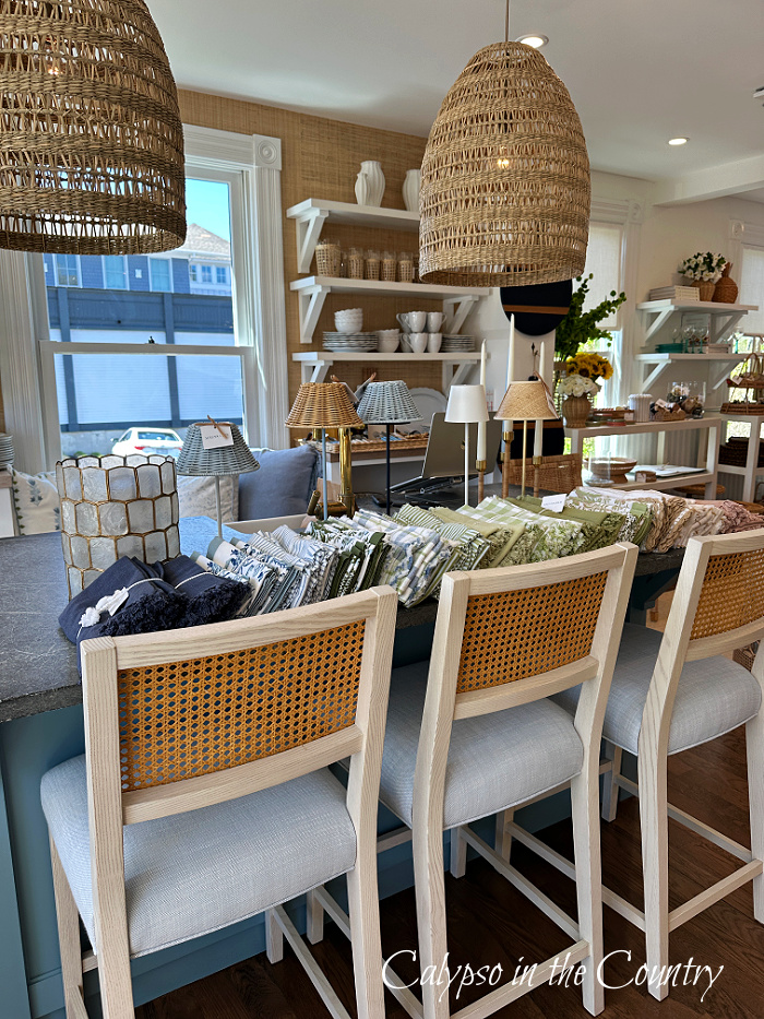 Woven pendants over island with woven bar stools - April Wrap Up