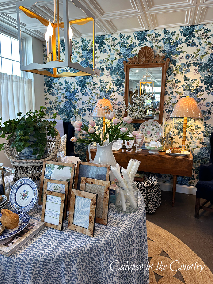 Blue and white floral wallpaper in home decor store - April wrap up