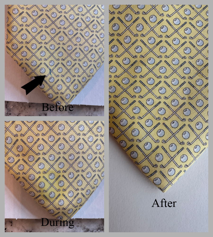 Collage of before and after of a yellow golf print neck tie