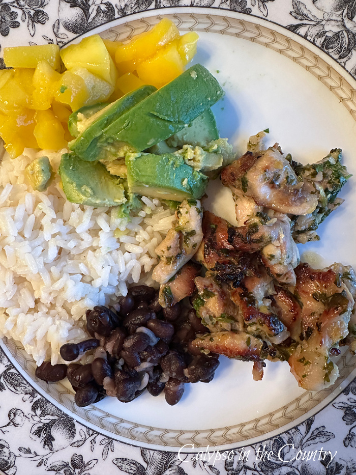 plate with mango, avocado, rice, beans and chicken - june wrap up