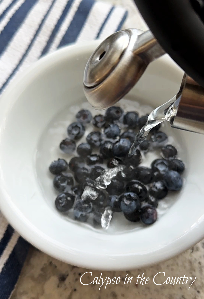 Boiling water pouring into white bowl of blueberries - July Wrap Up