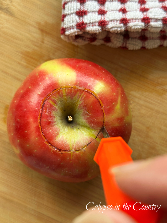 Hand cutting circle on top of apple with orange pumpkin carving tool